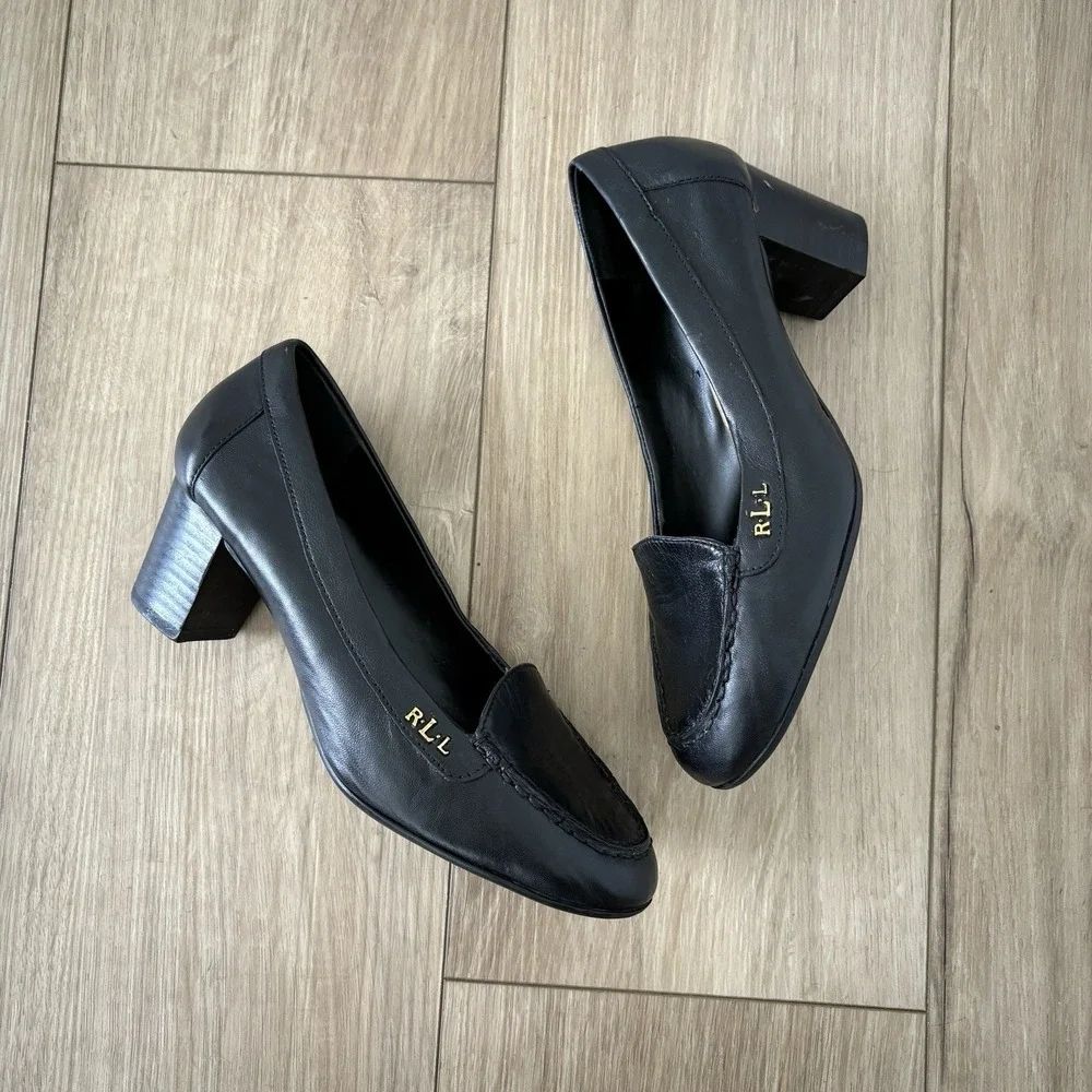 Lauren Ralph Lauren Black Round Toe Block Heel Pumps Women's Size 6B Slip On